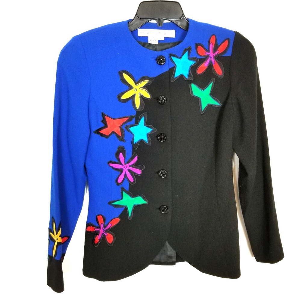 Anne Crimmins ‎ UMI Collections Artsy Wool Blazer Jacket Sz 6 Blue Black Button